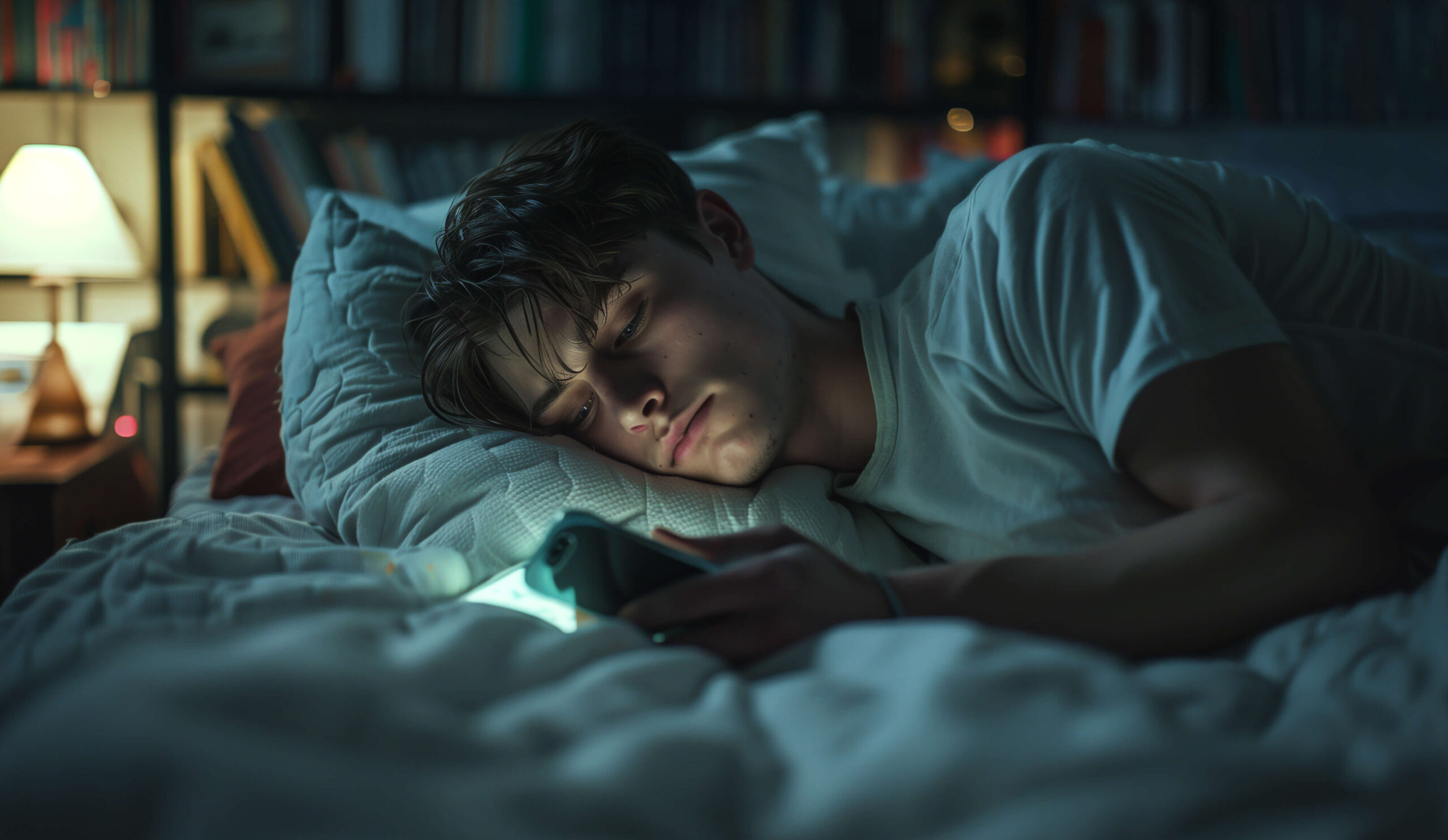 man suffering from neurodevelopmental sleep disorder on his phone at night